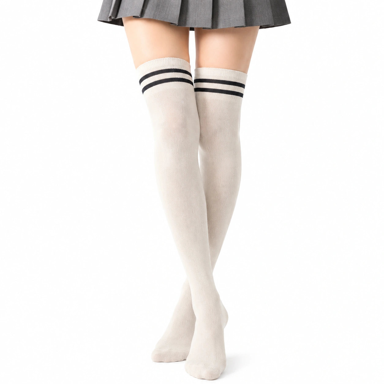 Chaussettes hautes 35-38 en maille ivoire à rayures noires style collège
