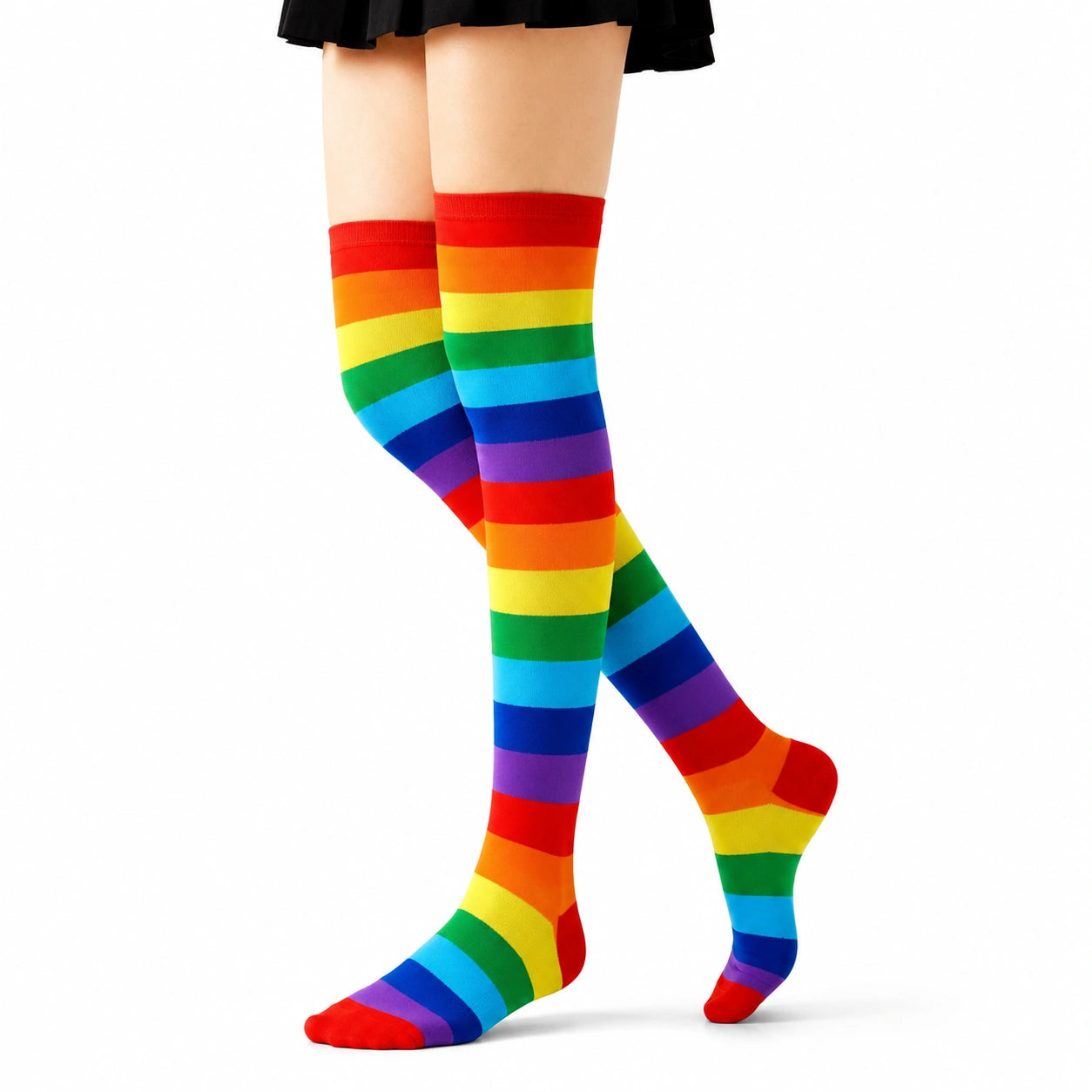 Chaussettes hautes 35-38 rayées multicolores en maille extensible style arc-en-ciel