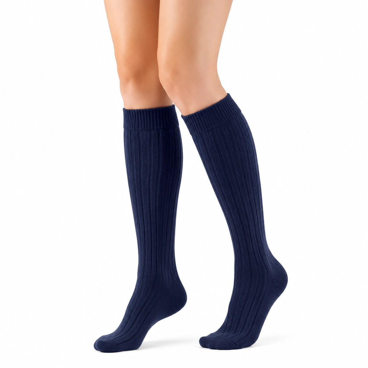 Chaussettes hautes 39-42 en maille textile bleu marine côtelée