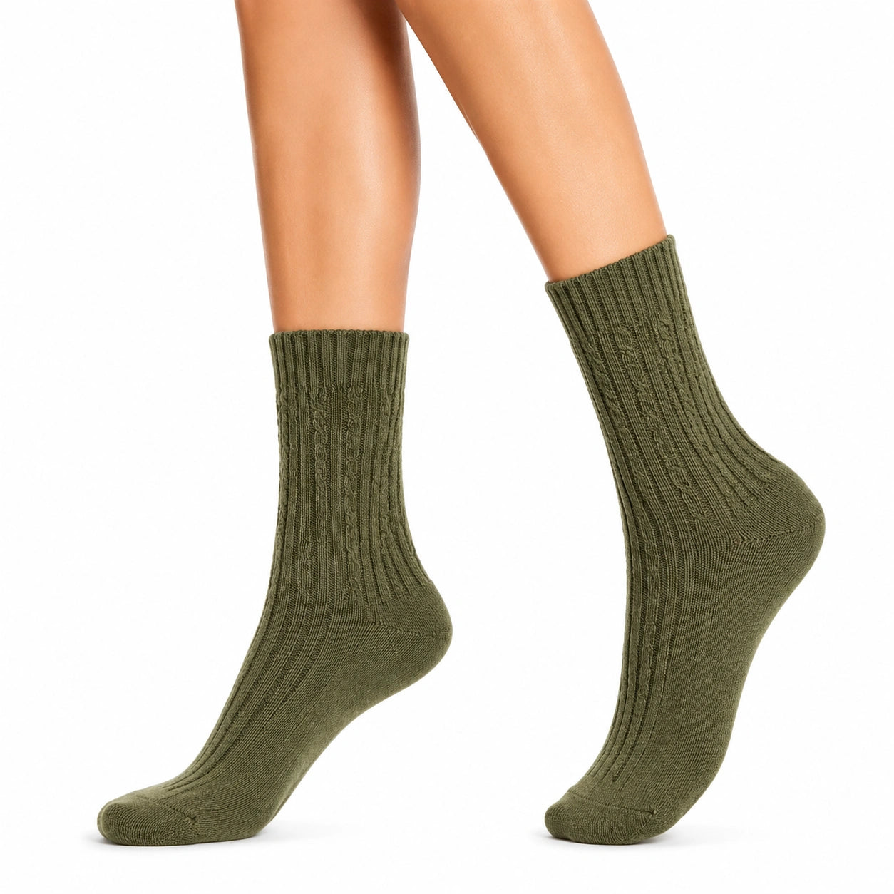 Chaussettes 43-46 en maille vert olive mi-mollet style côtelé