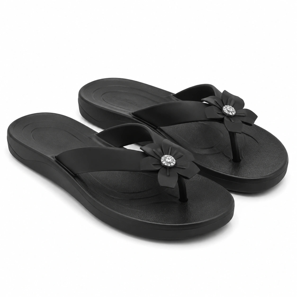 Tongs femme 40/41 en matière synthétique noire à fleur style décontracté